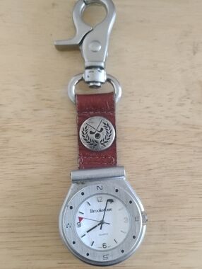 Brookstone Red-Brown Leather Key Clip Watch with Silver Case